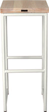 Load image into Gallery viewer, Gloss white metal stool with whitewash stain ash wood made in UK - back view round frame
