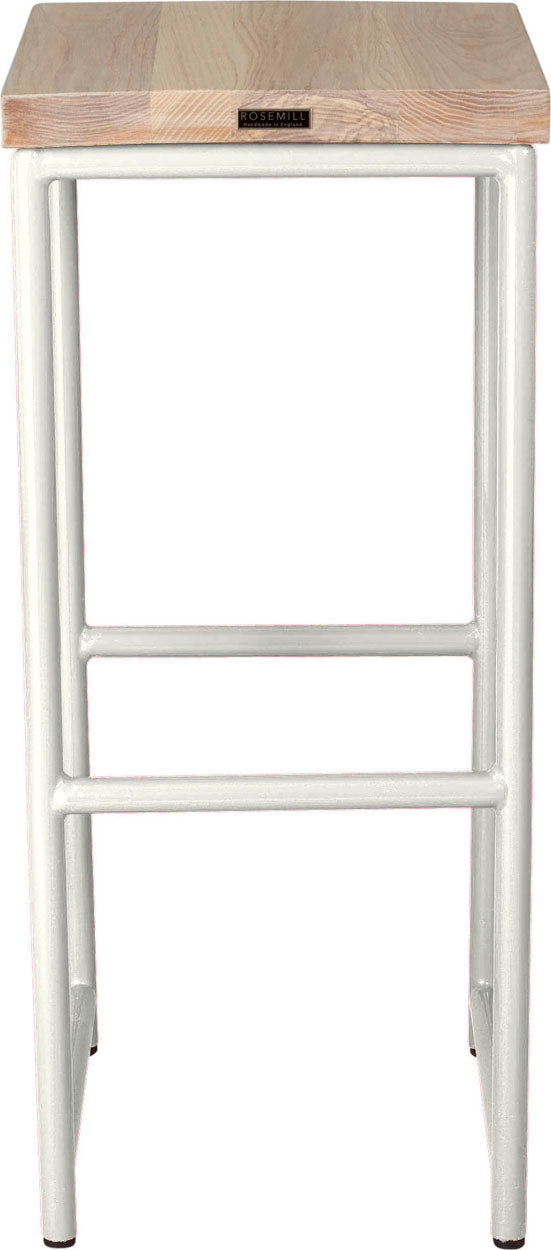 Gloss white metal stool with whitewash stain ash wood made in UK - back view round frame