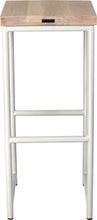 Load image into Gallery viewer, Gloss white metal stool with whitewash stain ash wood made in UK - back view round frame
