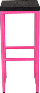 Hot pink metal stool with black stain ash wood made in UK - front view round frame