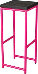 Hot pink metal stool with black stain ash wood made in UK - angle view round frame
