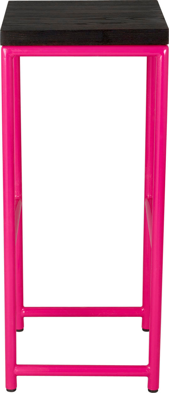 Hot pink metal stool with black stain ash wood made in UK - side view round frame