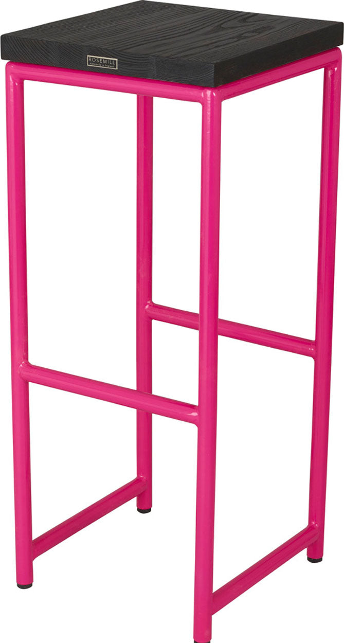 Hot pink metal stool with black stain ash wood made in UK - back side view round frame