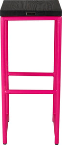 Hot pink metal stool with black stain ash wood made in UK - back view round frame