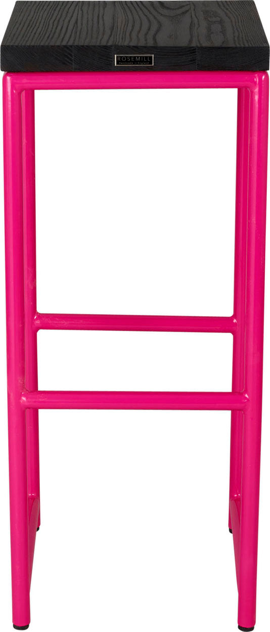 Hot pink metal stool with black stain ash wood made in UK - back view round frame