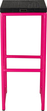 Load image into Gallery viewer, Hot pink metal stool with black stain ash wood made in UK - back view round frame
