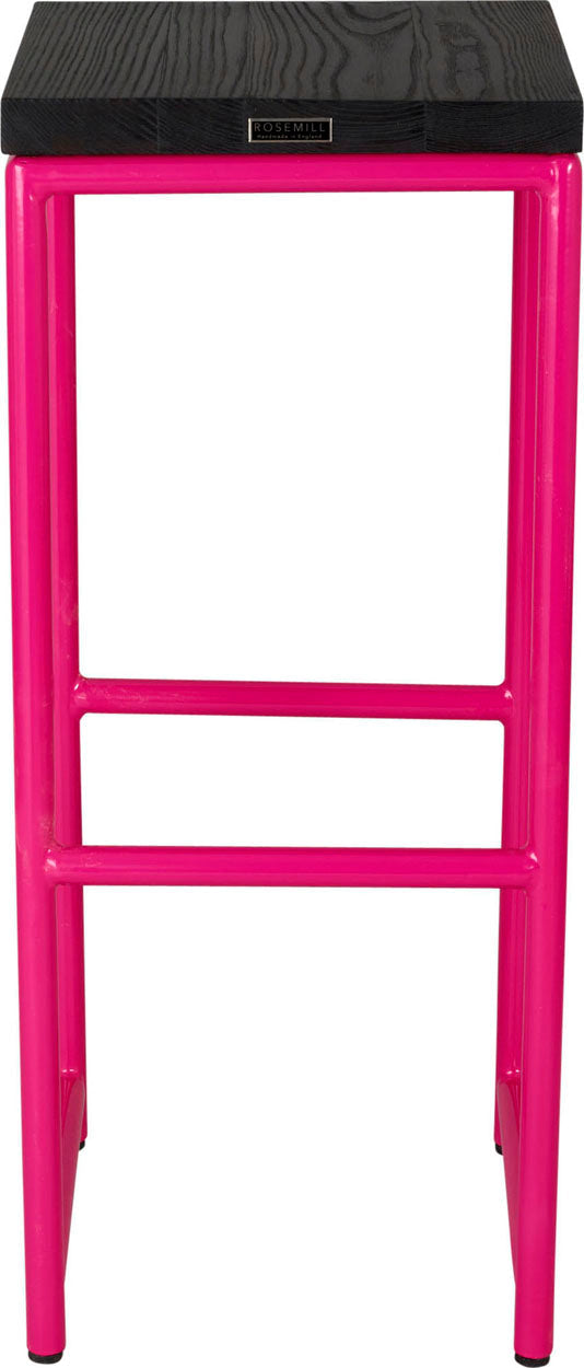 Hot pink metal stool with black stain ash wood made in UK - back view round frame