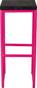 Hot pink metal stool with black stain ash wood made in UK - back view round frame