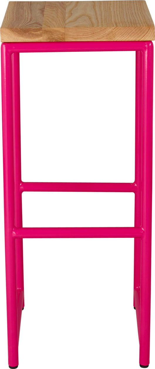 Hot pink metal stool with natural stain ash wood made in UK - front view round frame