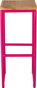 Hot pink metal stool with natural stain ash wood made in UK - front view round frame