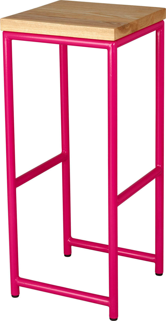 Hot pink metal stool with natural stain ash wood made in UK - angle view round frame