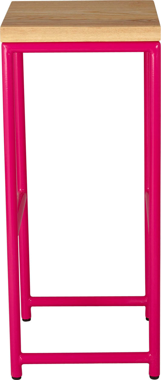 Hot pink metal stool with natural stain ash wood made in UK - side view round frame