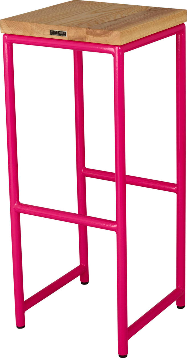 Hot pink metal stool with natural stain ash wood made in UK - back side view round frame