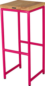 Hot pink metal stool with natural stain ash wood made in UK - back side view round frame