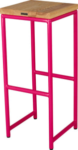 Hot pink metal stool with natural stain ash wood made in UK - back side view round frame
