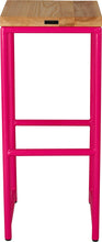 Load image into Gallery viewer, Hot pink metal stool with natural stain ash wood made in UK - side view round frame

