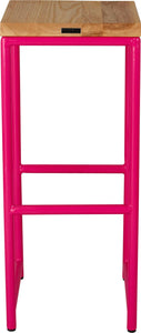 Hot pink metal stool with natural stain ash wood made in UK - side view round frame