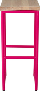 Hot pink metal stool with whitewash stain ash wood made in UK - front view round frame