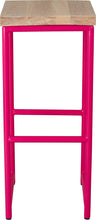 Load image into Gallery viewer, Hot pink metal stool with whitewash stain ash wood made in UK - front view round frame
