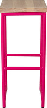 Load image into Gallery viewer, Hot pink metal stool with whitewash stain ash wood made in UK - front view round frame
