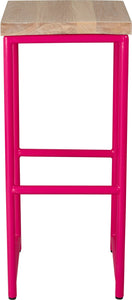 Hot pink metal stool with whitewash stain ash wood made in UK - front view round frame