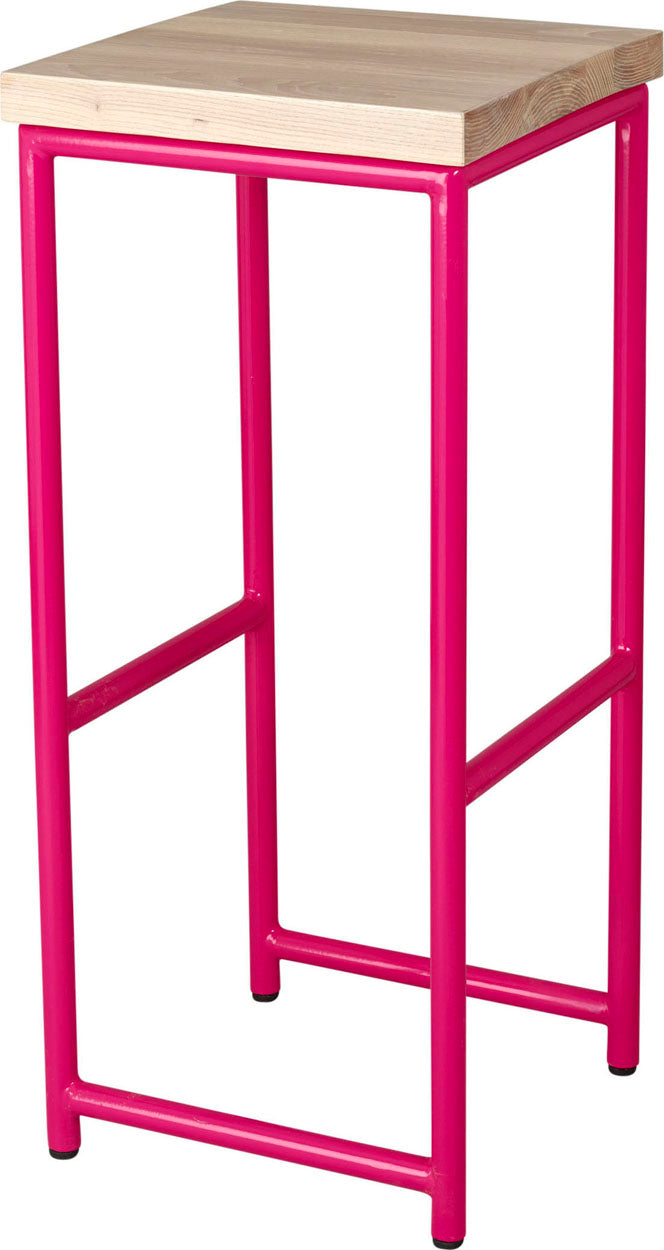 Hot pink metal stool with whitewash stain ash wood made in UK - angle view round frame
