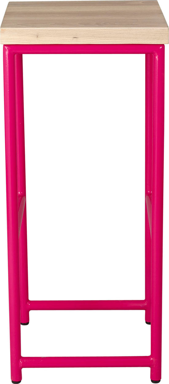 Hot pink metal stool with whitewash stain ash wood made in UK - side view round frame