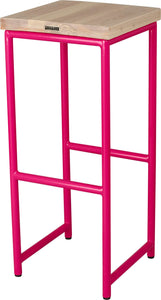 Hot pink metal stool with whitewash stain ash wood made in UK - back side view round frame