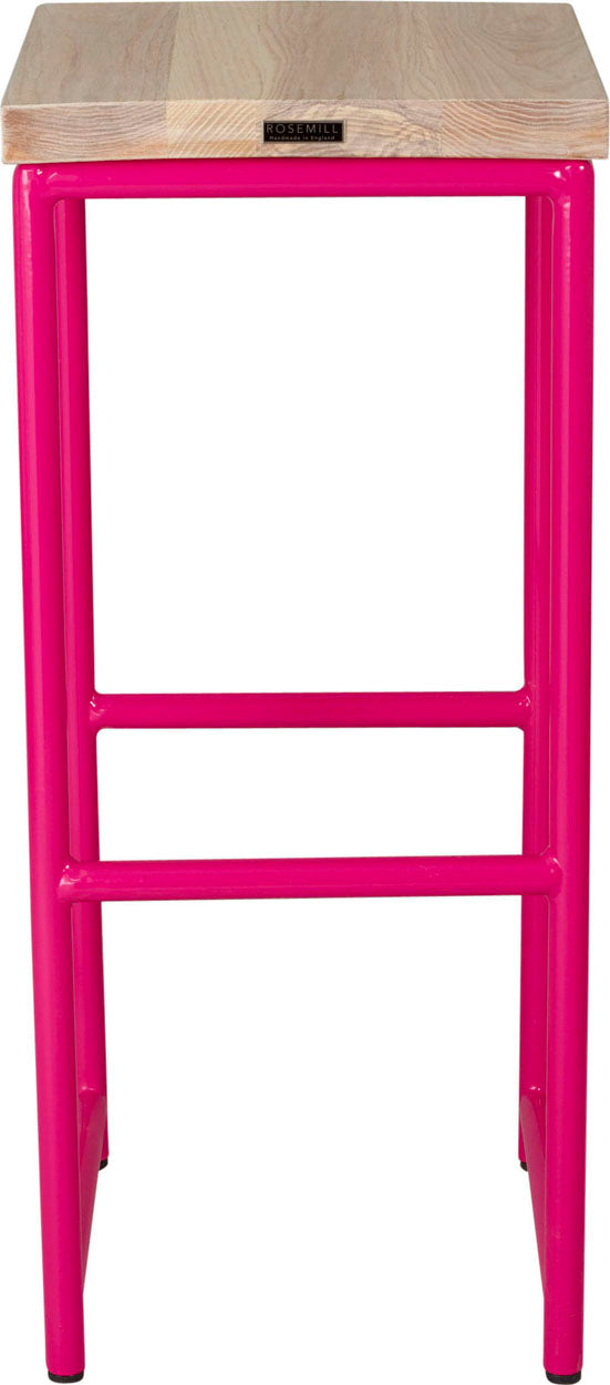 Hot pink metal stool with whitewash stain ash wood made in UK - back view round frame