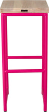 Load image into Gallery viewer, Hot pink metal stool with whitewash stain ash wood made in UK - back view round frame
