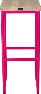 Hot pink metal stool with whitewash stain ash wood made in UK - back view round frame