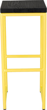 Load image into Gallery viewer, Yellow metal stool with black stain ash wood made in UK - front view round frame
