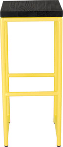 Yellow metal stool with black stain ash wood made in UK - front view round frame