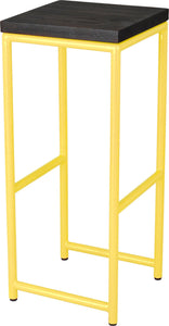 Yellow metal stool with black stain ash wood made in UK - angle view round frame
