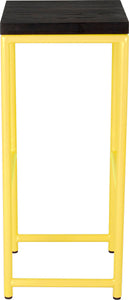 Yellow metal stool with black stain ash wood made in UK - side view round frame