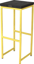 Load image into Gallery viewer, Yellow metal stool with black stain ash wood made in UK - back side view round frame
