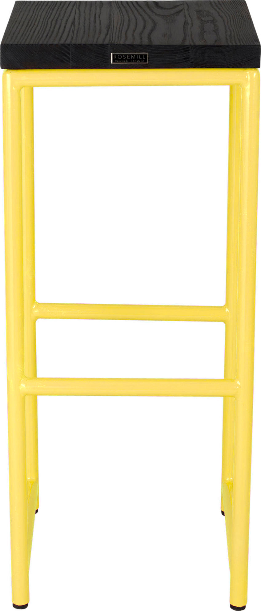 Yellow metal stool with black stain ash wood made in UK - back view round frame