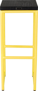 Yellow metal stool with black stain ash wood made in UK - back view round frame