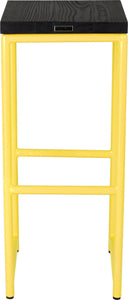 Yellow metal stool with black stain ash wood made in UK - back view round frame