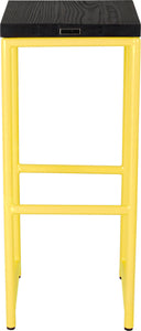 Yellow metal stool with black stain ash wood made in UK - back view round frame