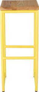 Yellow metal stool with natural stain ash wood made in UK - front view round frame
