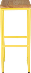 Yellow metal stool with natural stain ash wood made in UK - front view round frame