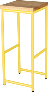 Yellow metal stool with natural stain ash wood made in UK - angle view round frame
