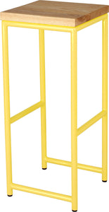 Yellow metal stool with natural stain ash wood made in UK - angle view round frame