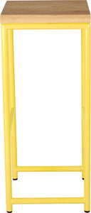 Yellow metal stool with natural stain ash wood made in UK - side view round frame