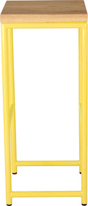 Yellow metal stool with natural stain ash wood made in UK - side view round frame