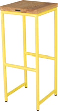 Load image into Gallery viewer, Yellow metal stool with natural stain ash wood made in UK - back side view round frame
