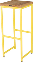 Load image into Gallery viewer, Yellow metal stool with natural stain ash wood made in UK - back side view round frame
