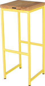 Yellow metal stool with natural stain ash wood made in UK - back side view round frame
