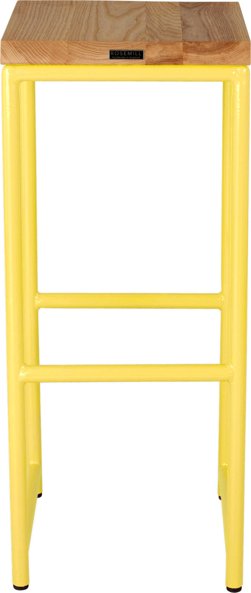 Yellow metal stool with natural stain ash wood made in UK - back view round frame